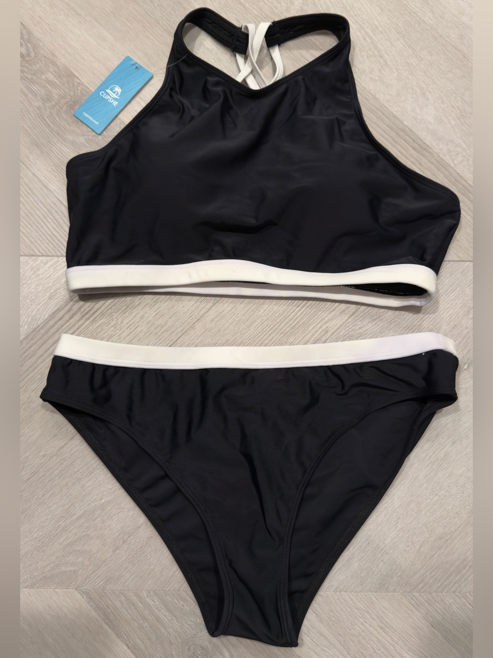 Cupshe Black with White Trim High-Neck Bikini